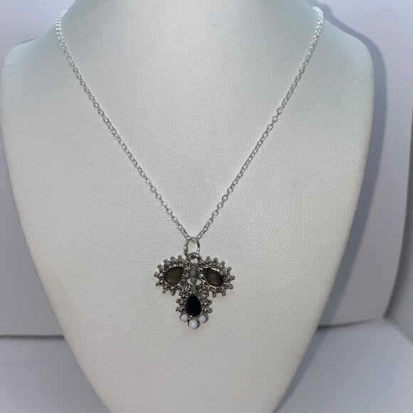 Silver-Tone Black Rhinestone Pendant Necklace - Picture 1 of 8
